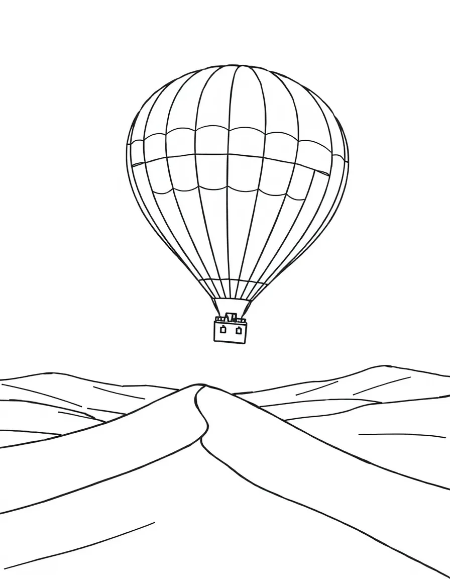 A hot air balloon flying over desert sand dunes