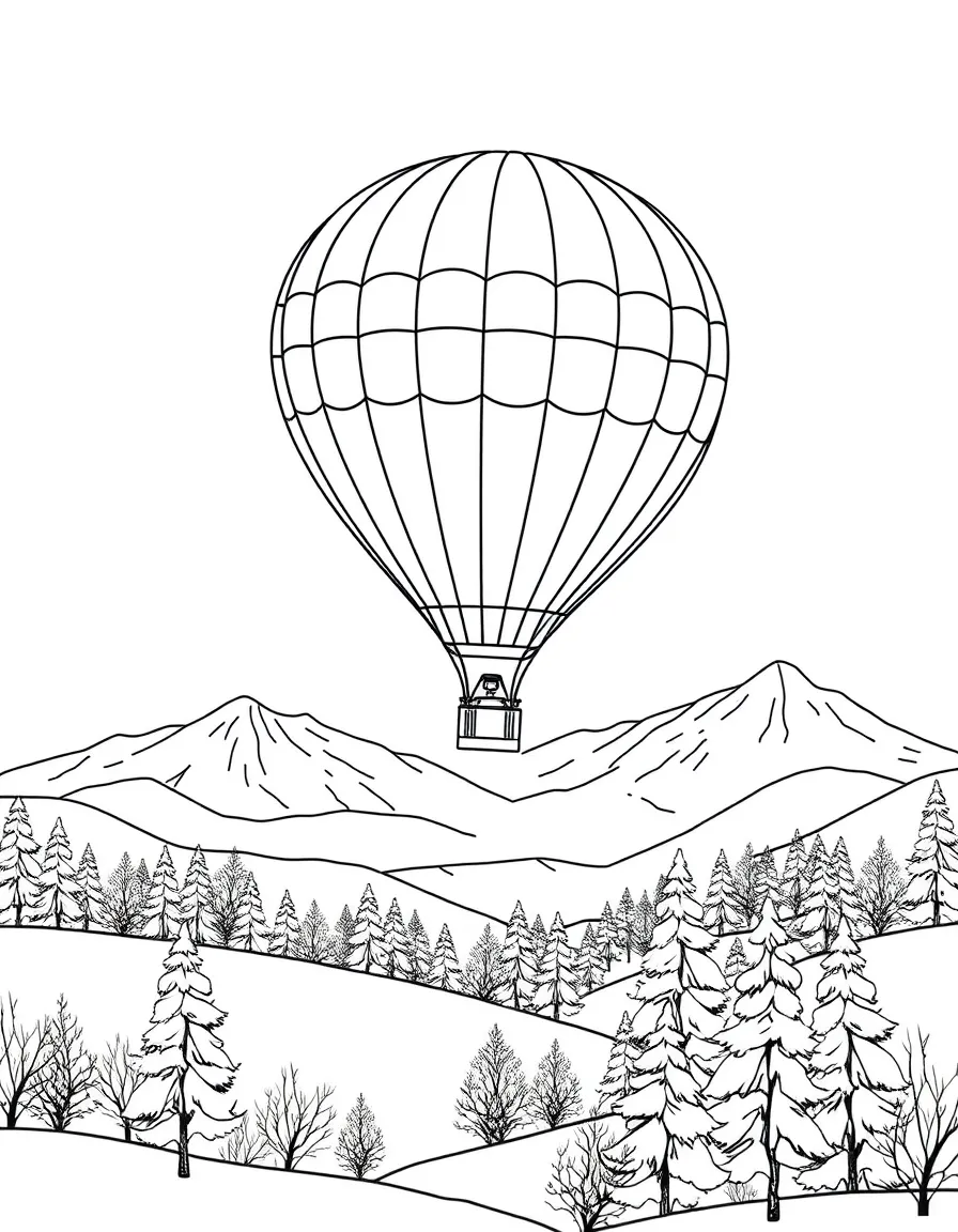 A hot air balloon flying over a snow-covered landscape in winter