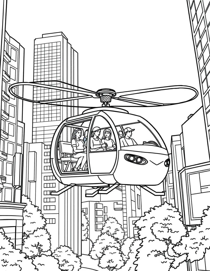 An electric air taxi with multiple passengers in an urban setting
