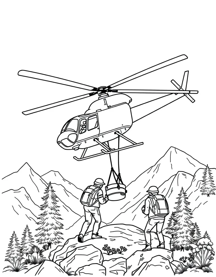A helicopter with a rescue basket lowering to stranded hikers