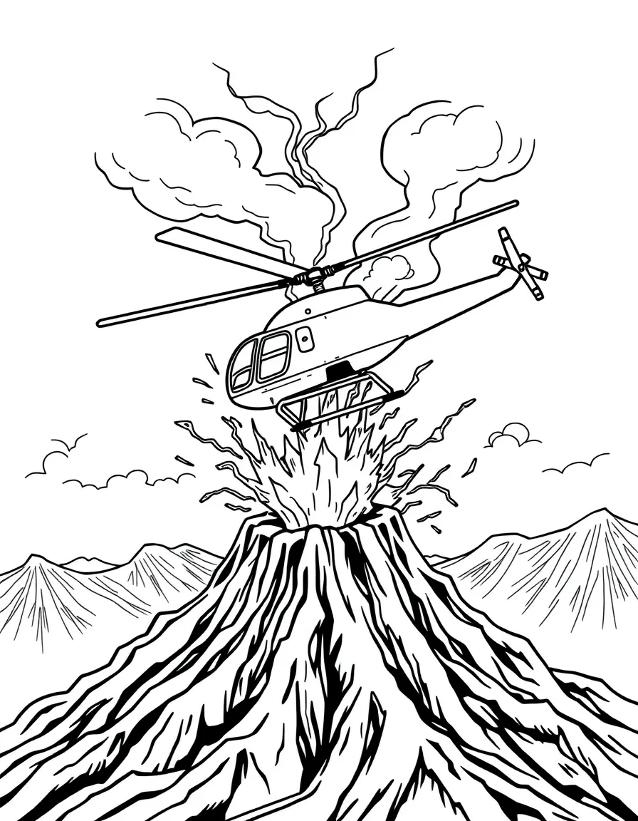 A helicopter flying over a volcanic eruption