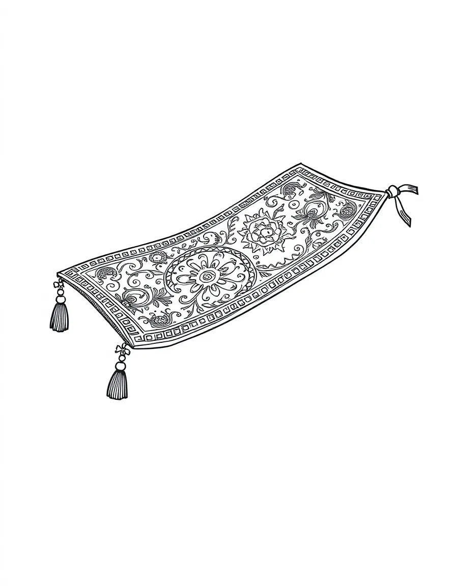 A magical flying carpet with ornate patterns and tassels