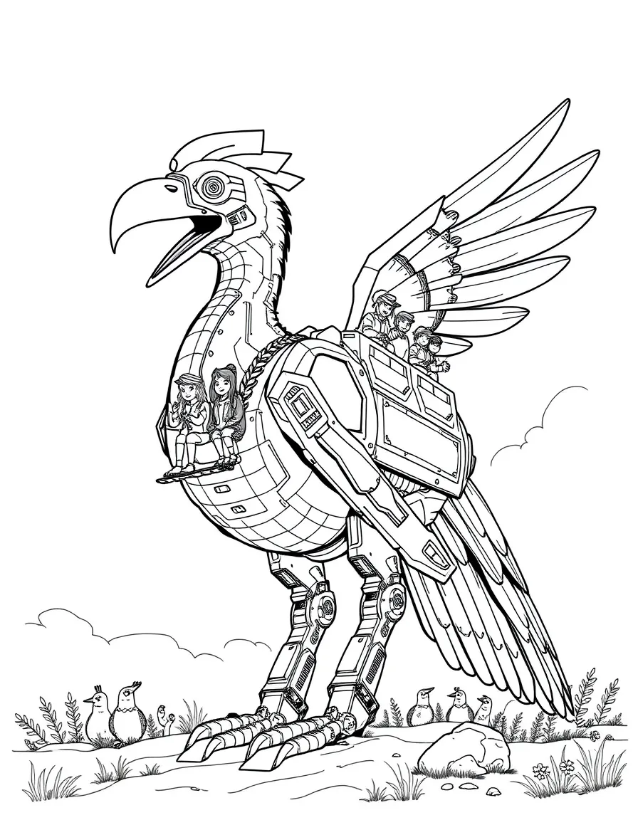 A giant mechanical bird with passengers riding on its back