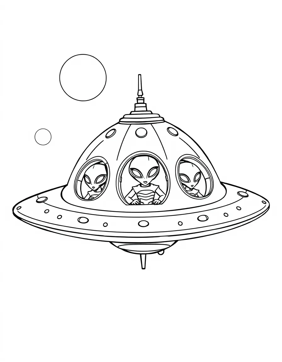 A flying saucer with alien pilots visible through portholes