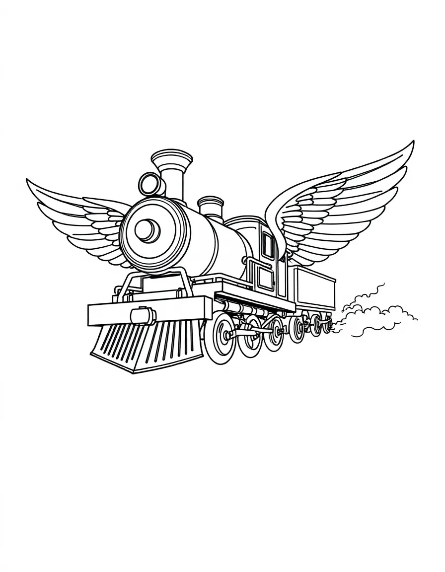 A flying train with wings and propellers defying gravity