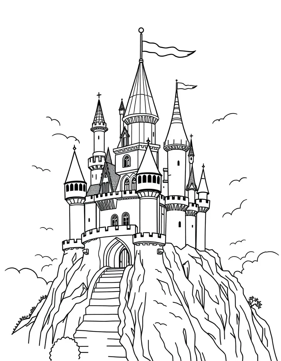 A magical flying castle with turrets and flags