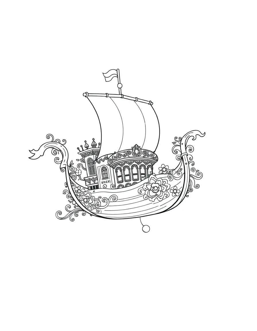 A flying boat with elaborate fantastical decorations