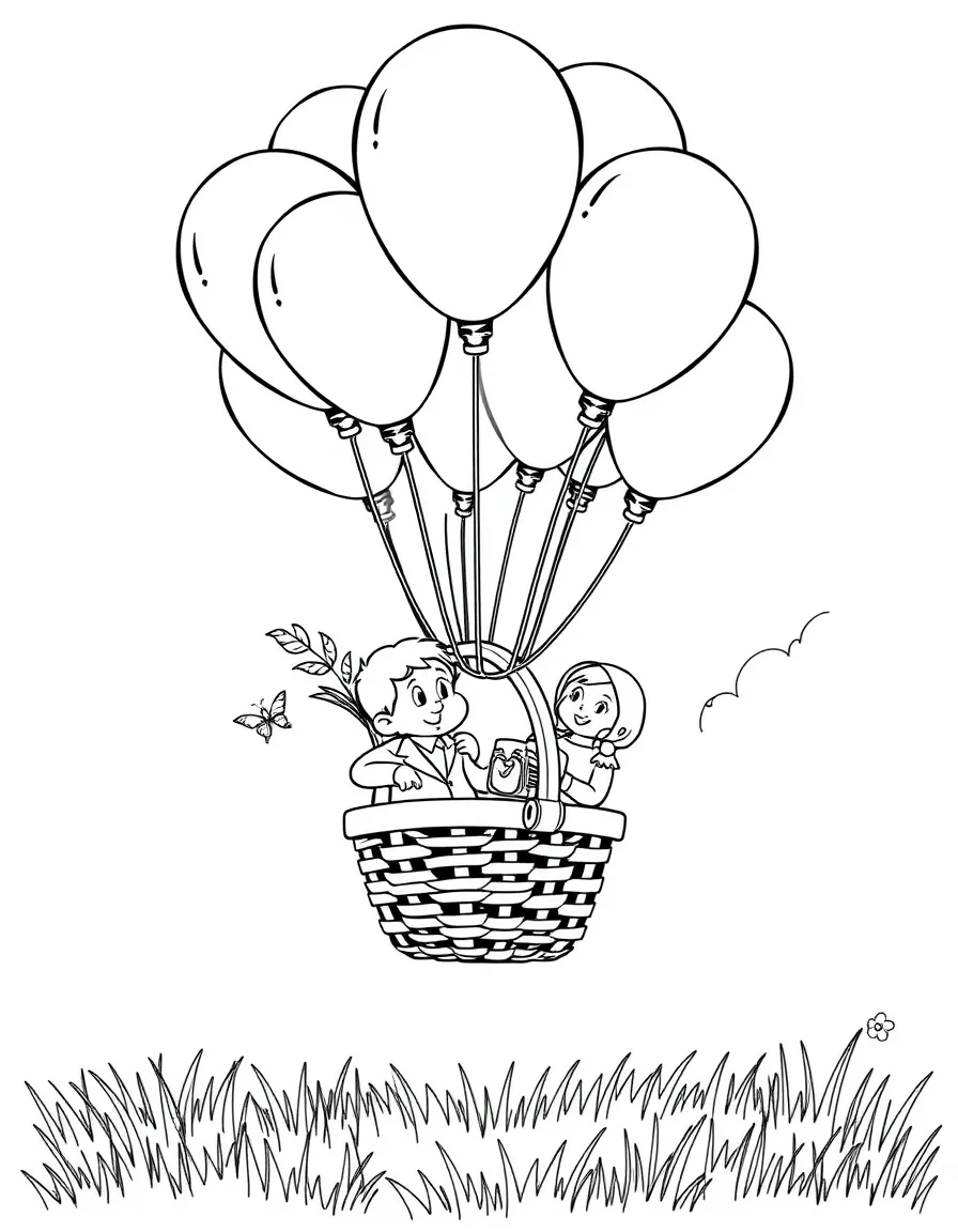 A bouquet of balloons carrying a picnic basket with passengers