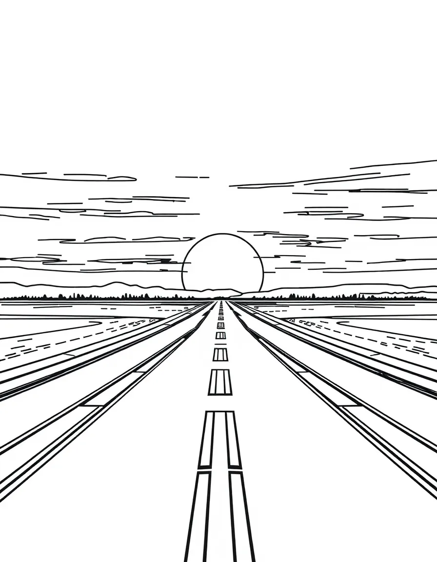 A runway with landing lights and markings at sunset