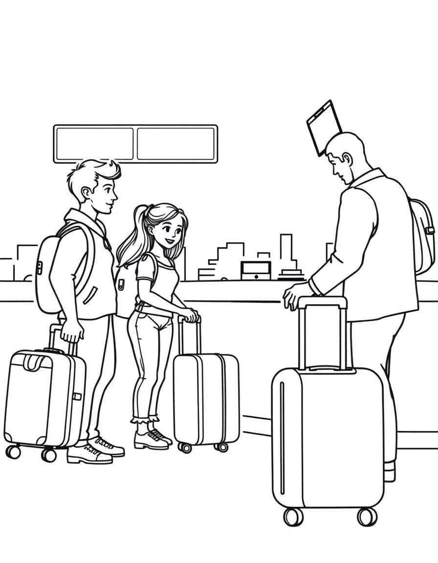 A family checking in at an airline counter with luggage