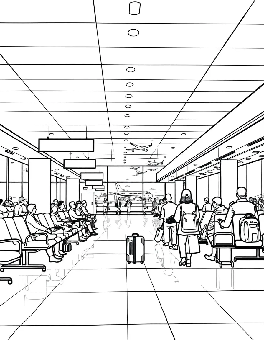 An airport lounge with passengers waiting for flights