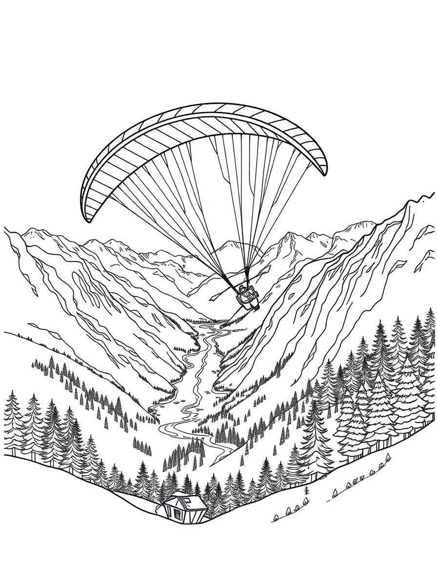 A paraglider soaring over a mountain valley