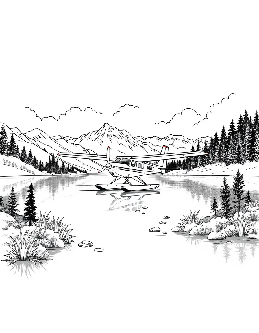 A flying boat landing on a pristine wilderness lake
