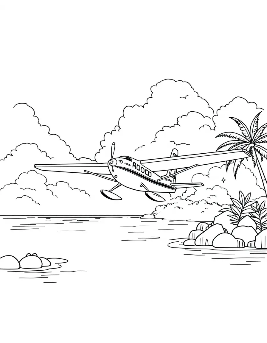 A seaplane taking off from a tropical lagoon