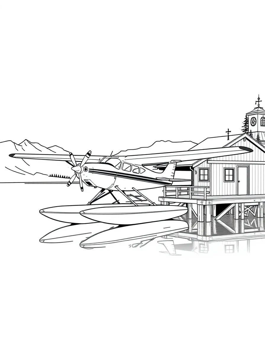 A floatplane moored at a remote fishing cabin dock