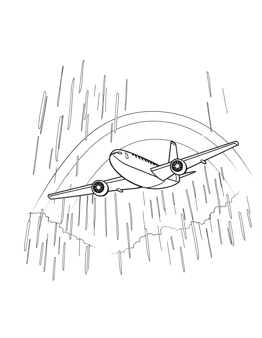 An aircraft flying through a rainbow after a rainstorm