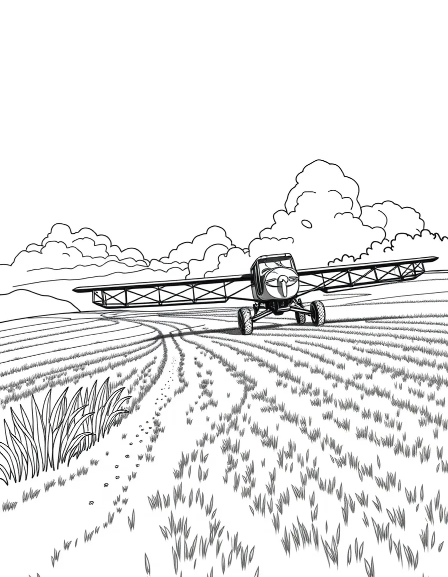 A crop duster spraying fields with detailed farming landscape