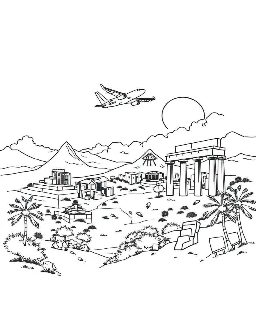 An airplane flying over ancient ruins and archaeological sites