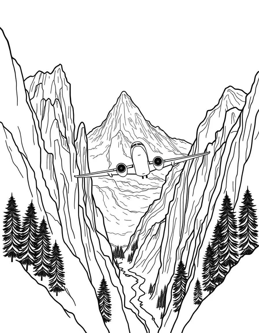 A plane flying through a narrow mountain pass with tall peaks