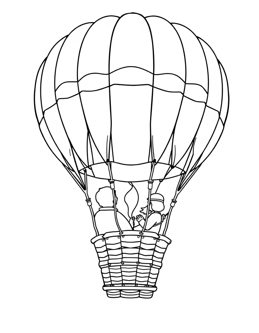 A hot air balloon basket interior with passengers and burner