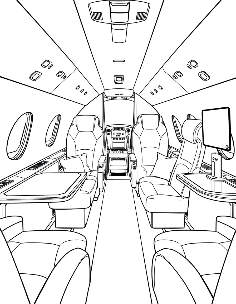 A business jet luxury cabin with plush seating and amenities