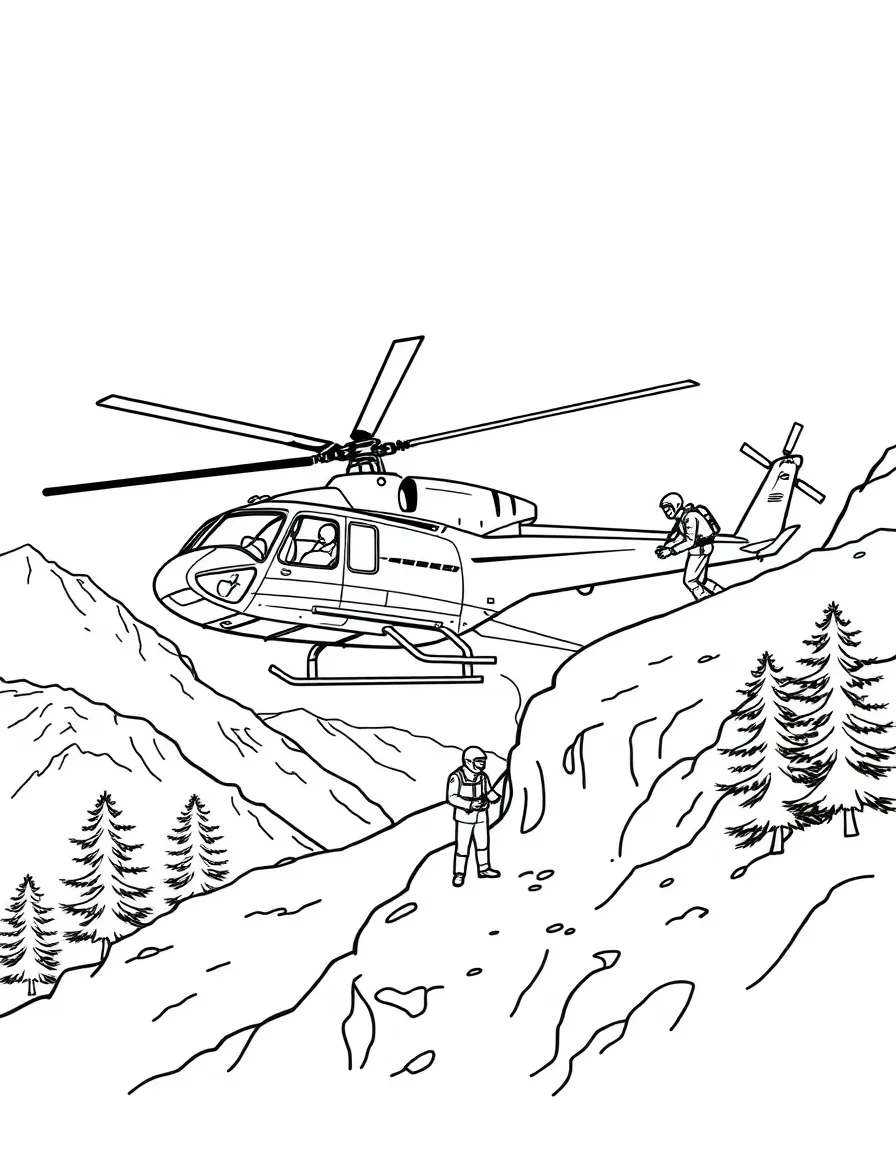 A helicopter rescue team performing a mountain rescue
