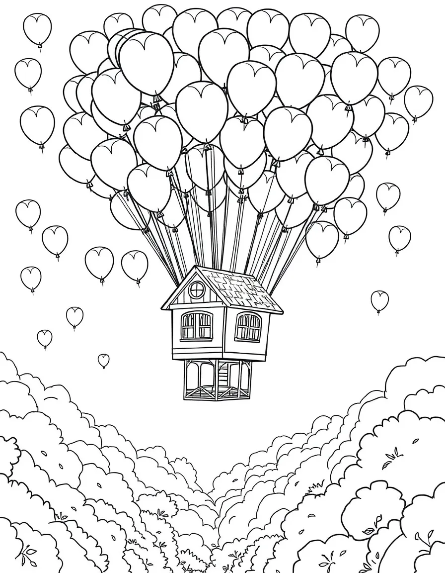 A flying house carried by thousands of balloons