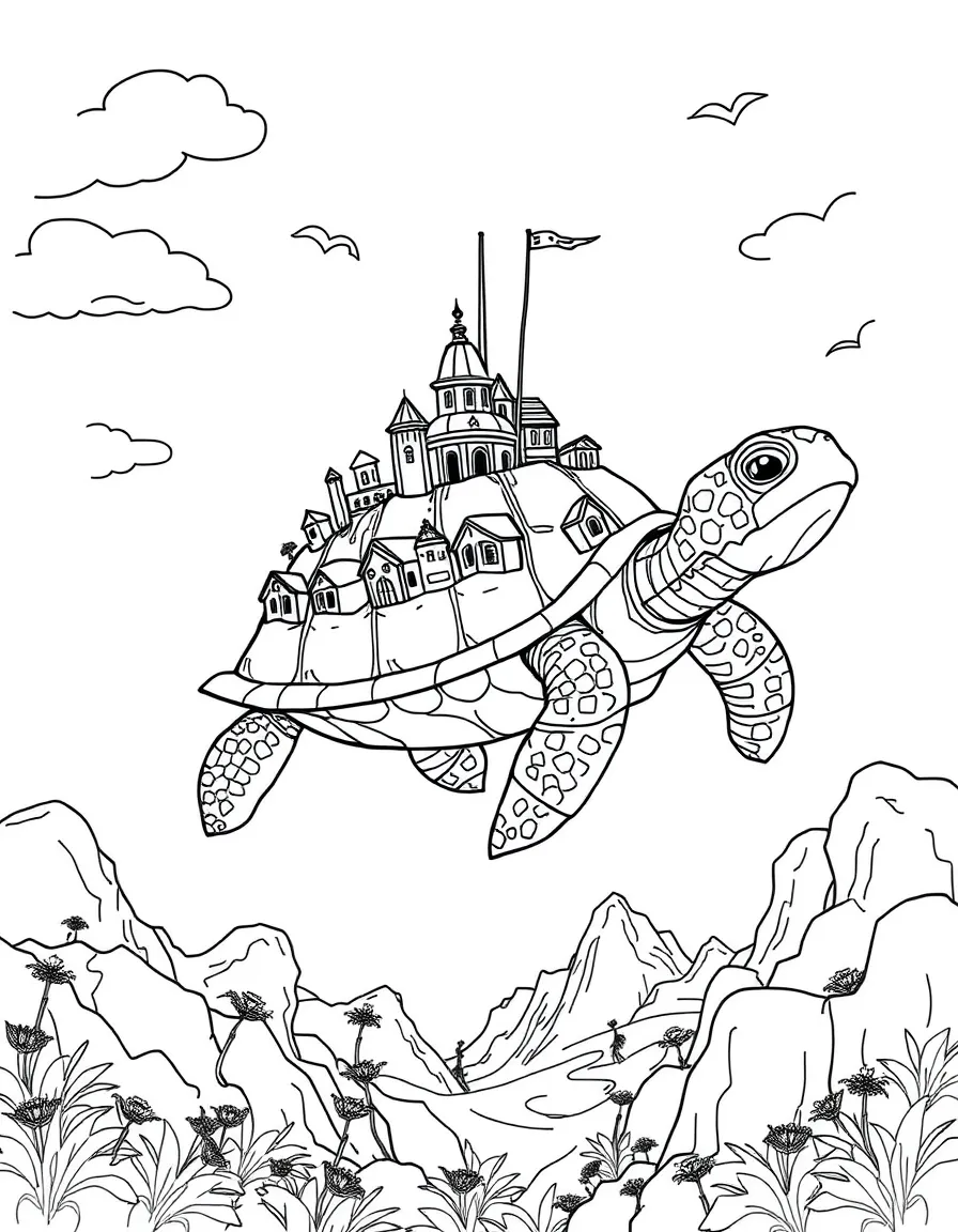A giant flying turtle with a village on its shell