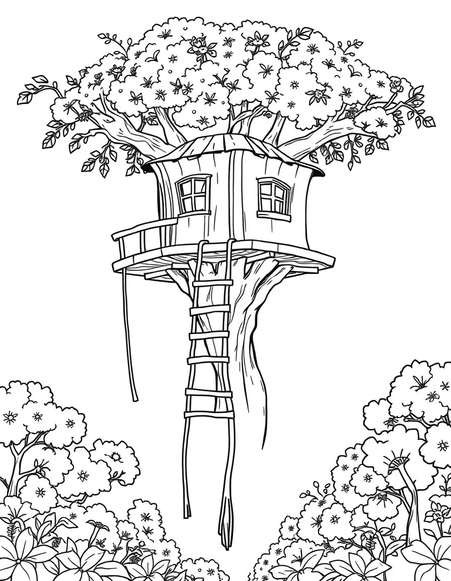 A flying treehouse with rope ladders hanging down