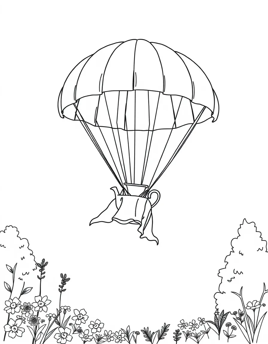A flying tea party with tablecloth as a parachute