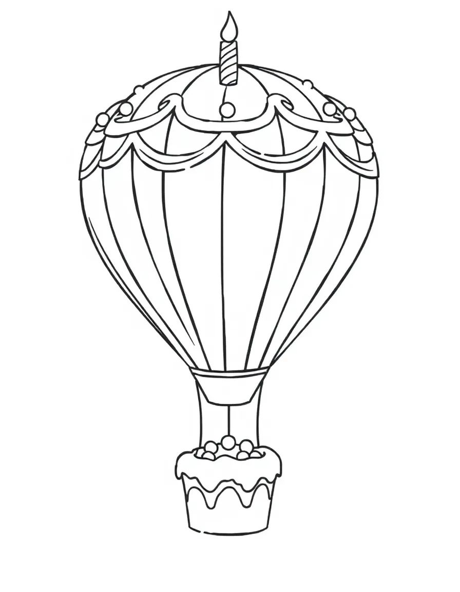 A hot air balloon shaped like a birthday cake