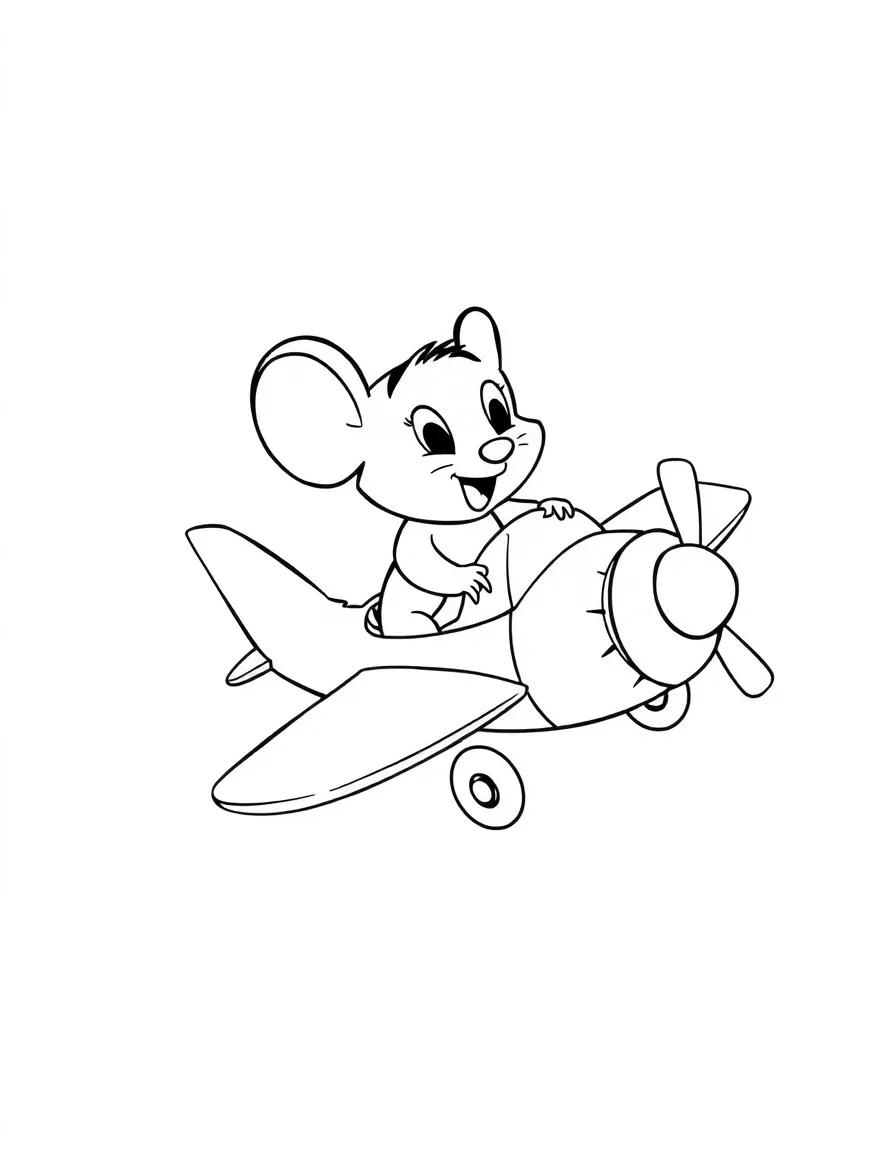 A cartoon mouse flying a makeshift airplane