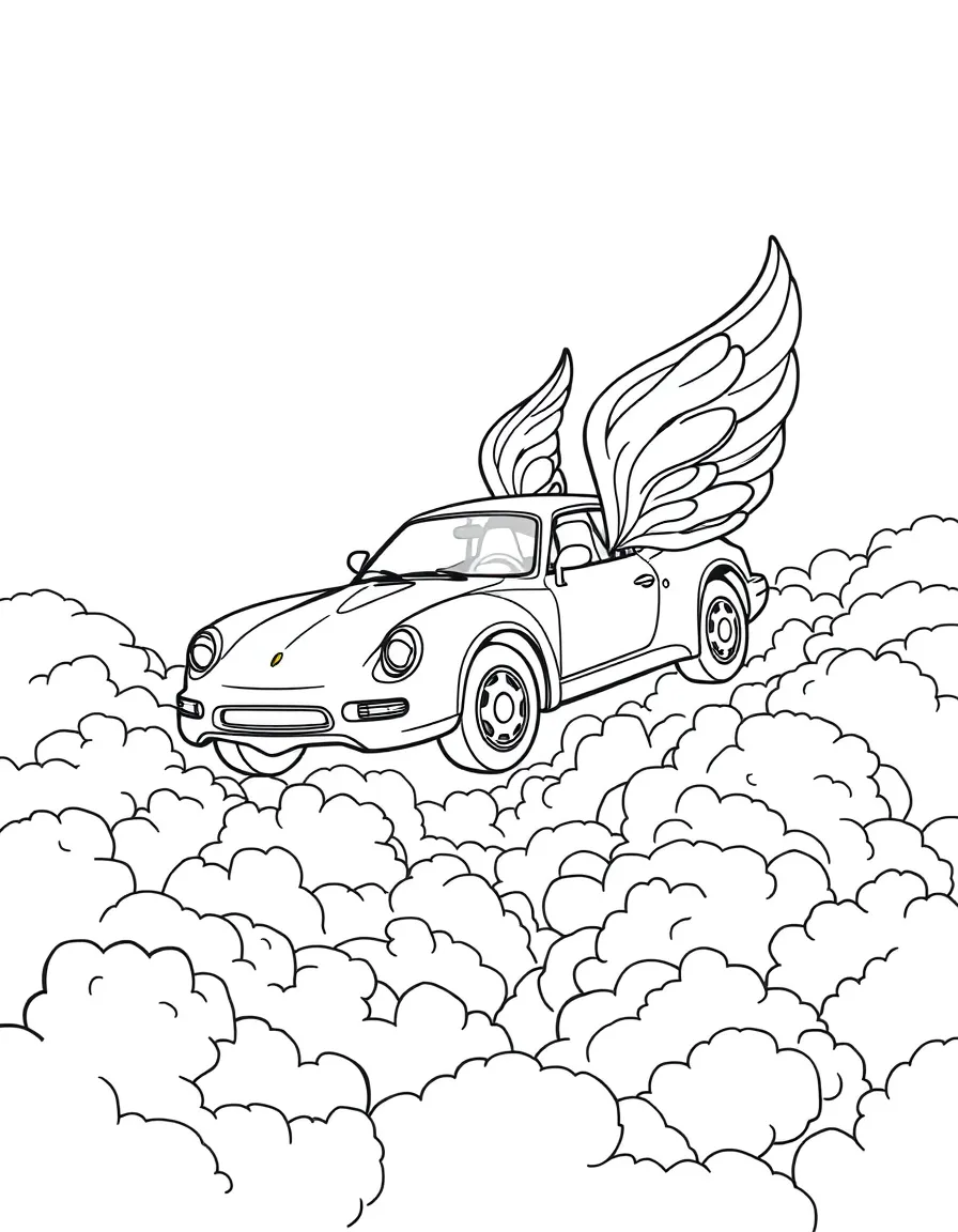 A magical flying car soaring above clouds
