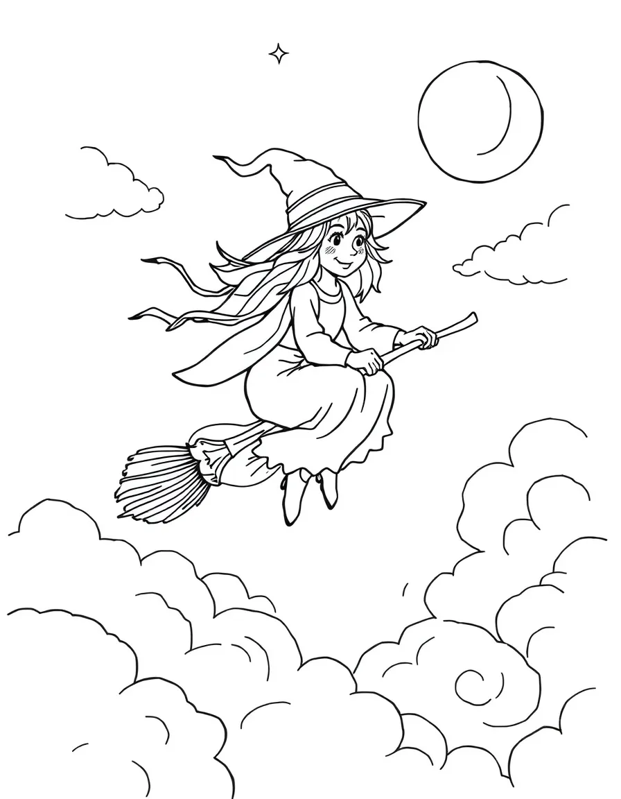 A witch flying on a broomstick through clouds