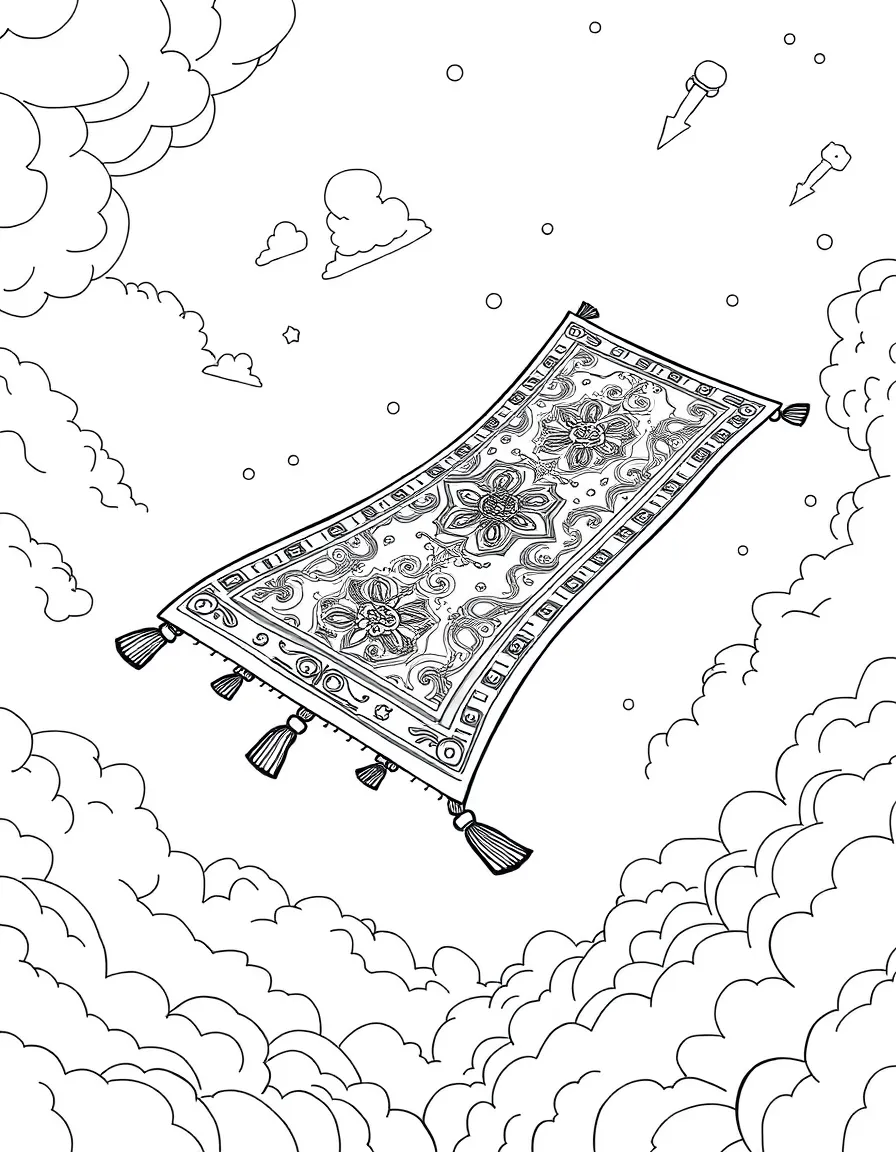 A flying carpet with ornate designs soaring through sky
