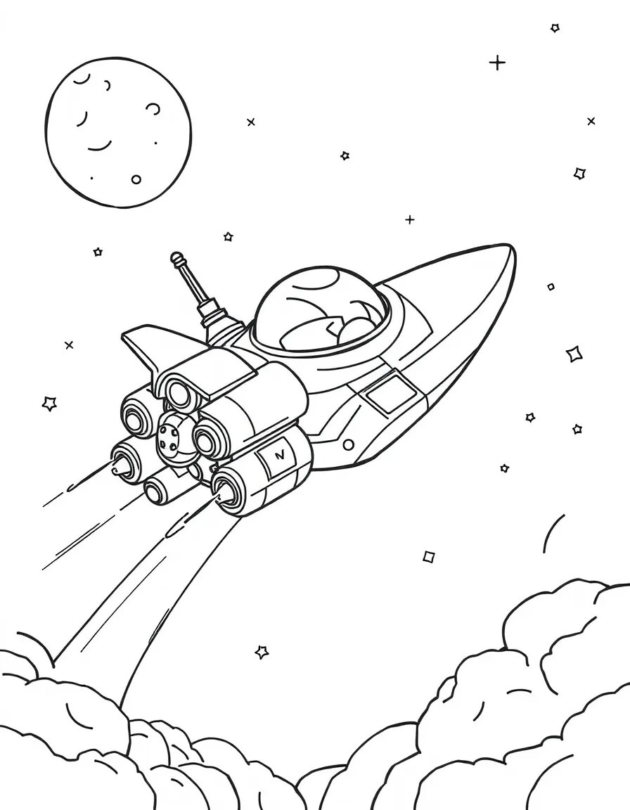A toy spaceship come to life and flying