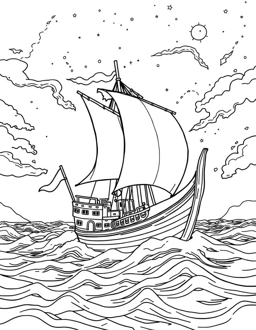 A legendary ghost ship sailing through night skies