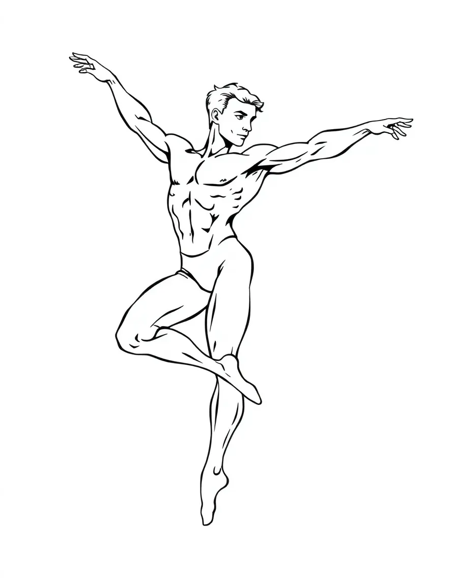 A male ballet dancer mid-leap with muscular definition and dynamic movement