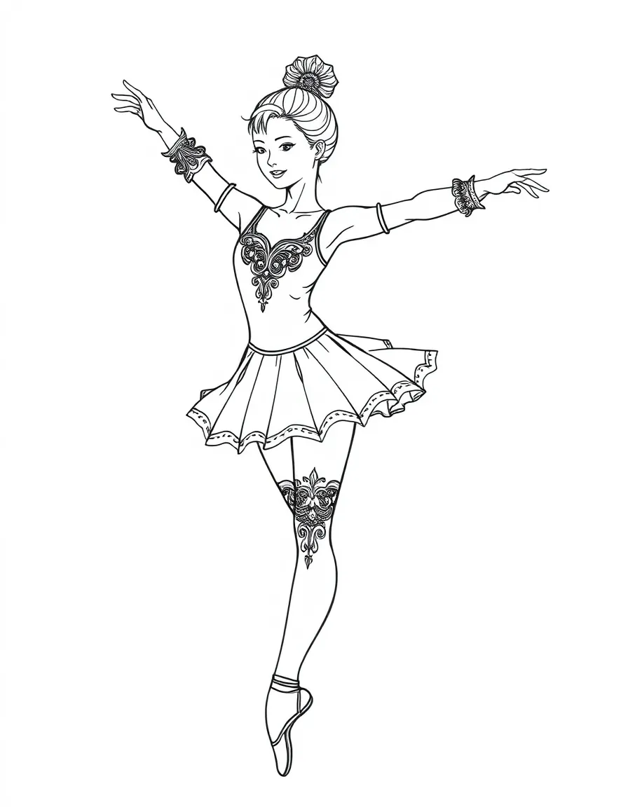 A ballet dancer stretching with elaborate leg warmers and a detailed practice outfit