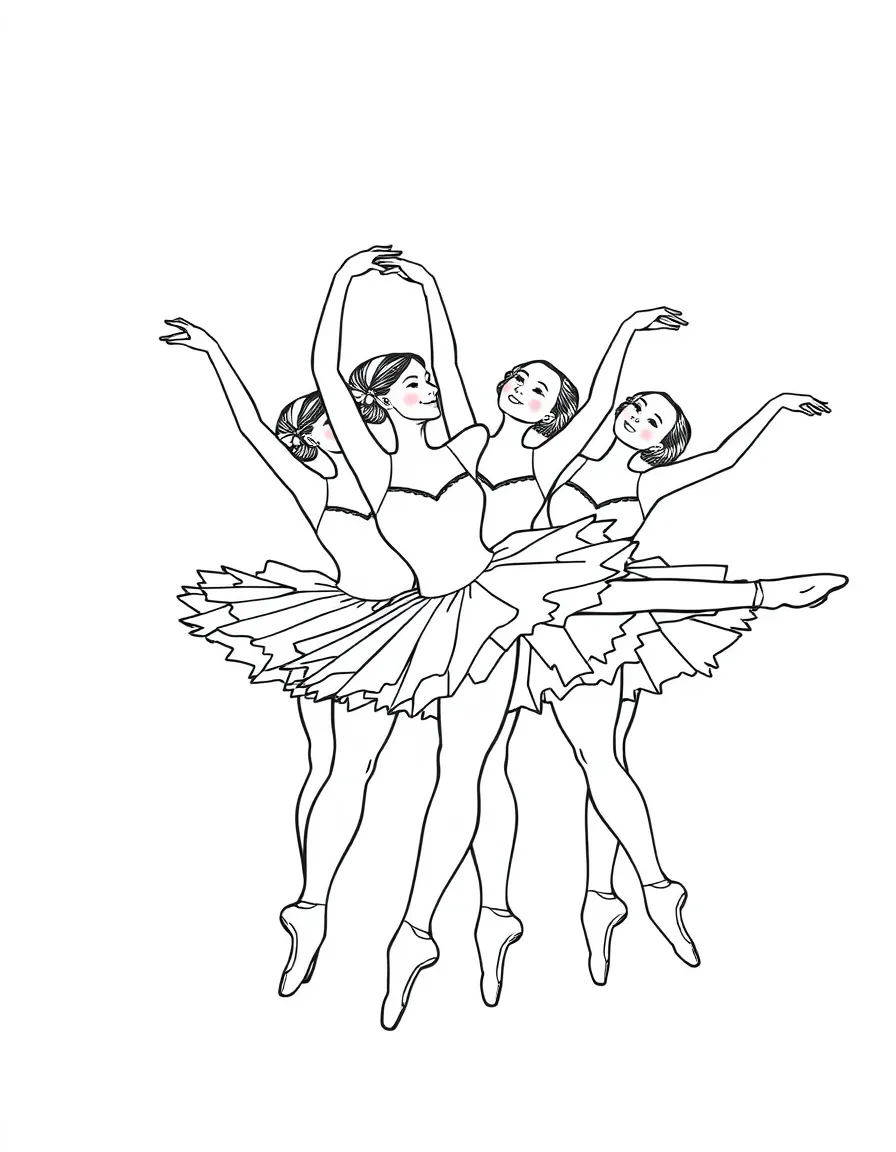 A group of ballet dancers in a crescendo pose from Swan Lake