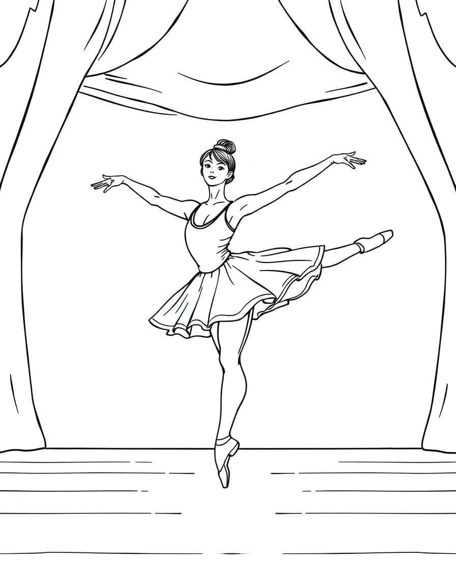 A ballet dancer performing a grand jeté across the stage with arms extended