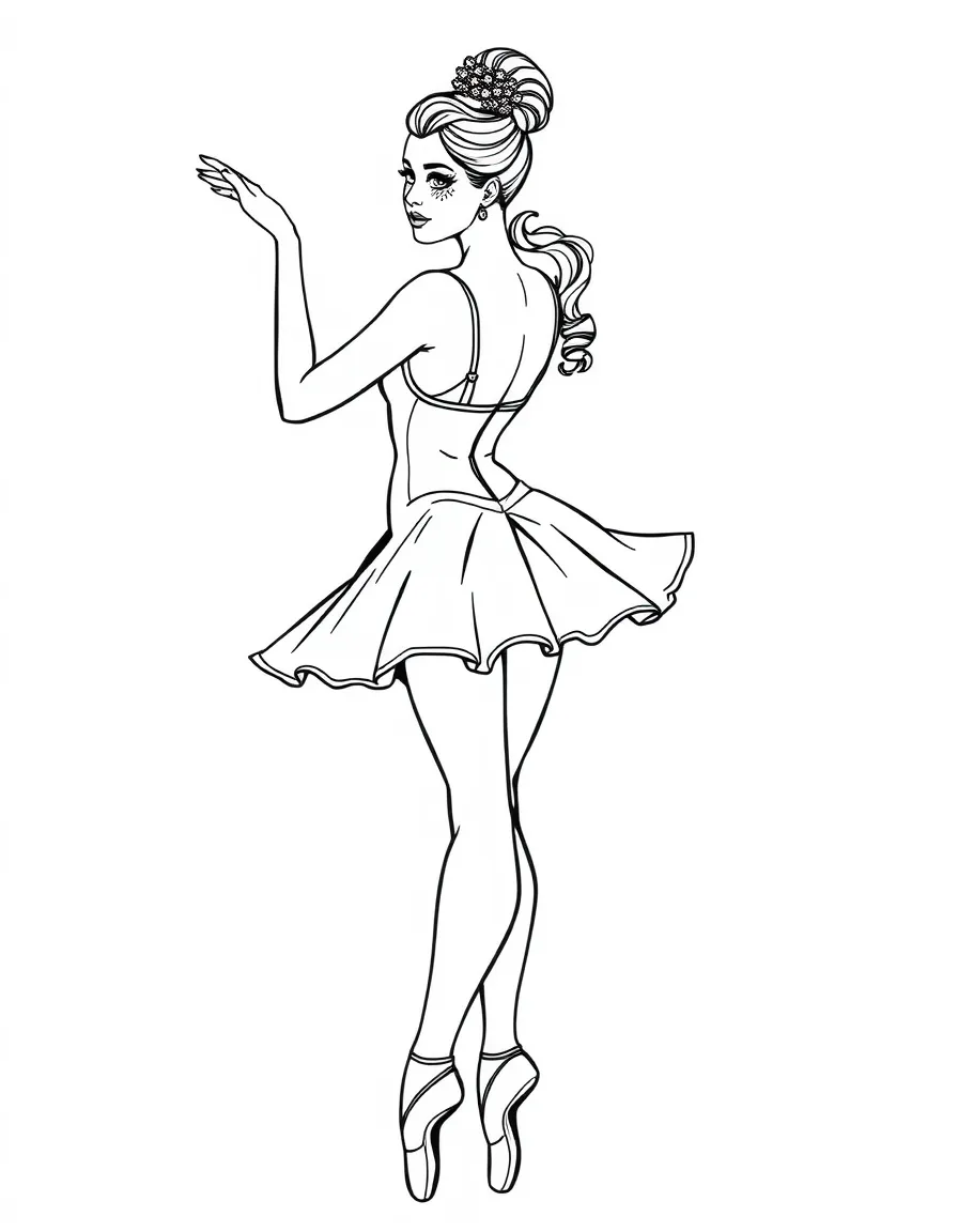 A ballerina in an attitude derrière pose with ornate stage makeup
