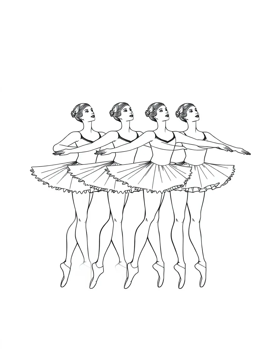 Four ballet dancers in a line performing identical arabesques