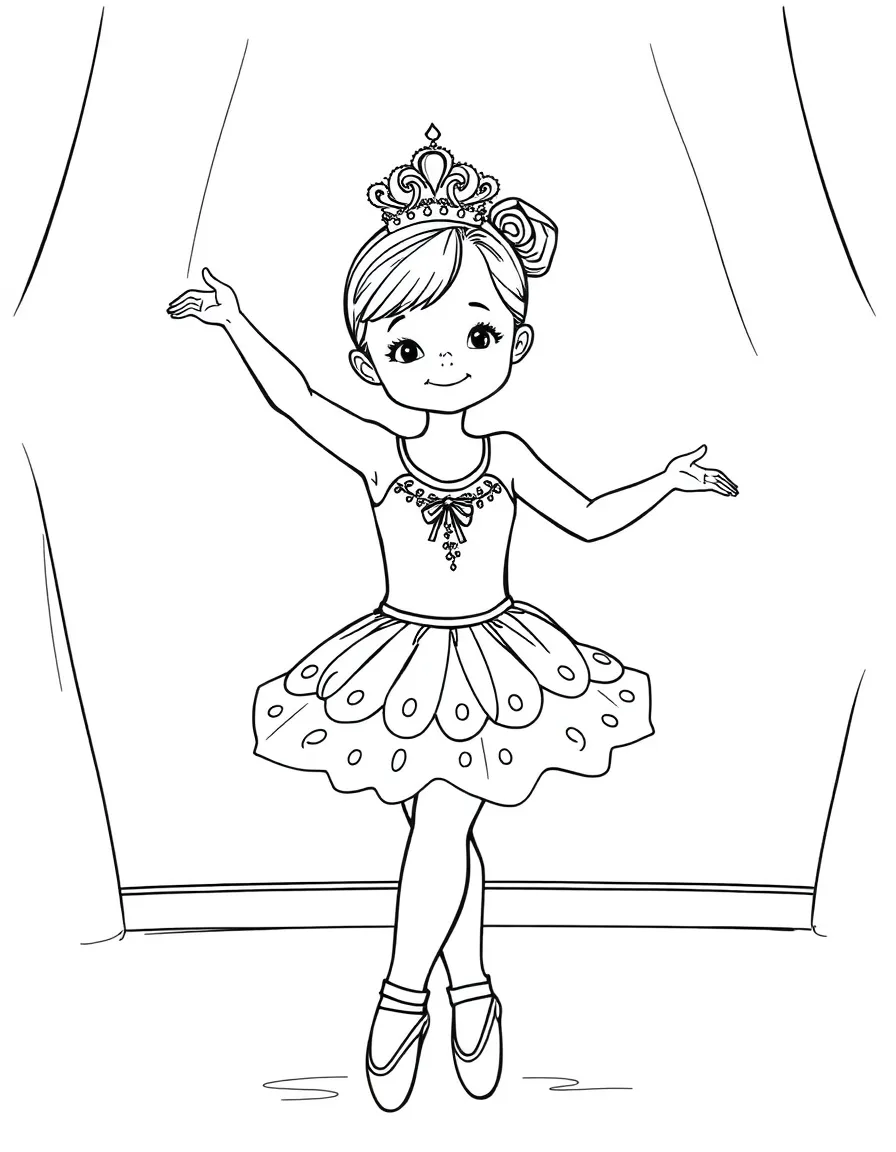 A young ballet dancer at her first recital with a detailed costume and tiara
