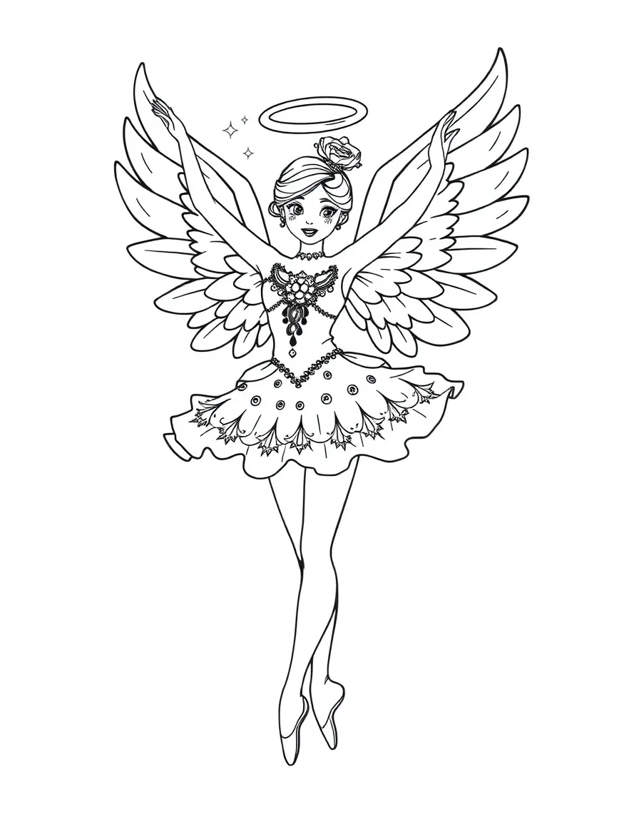 A ballerina with angel wings in a celestial-themed costume design