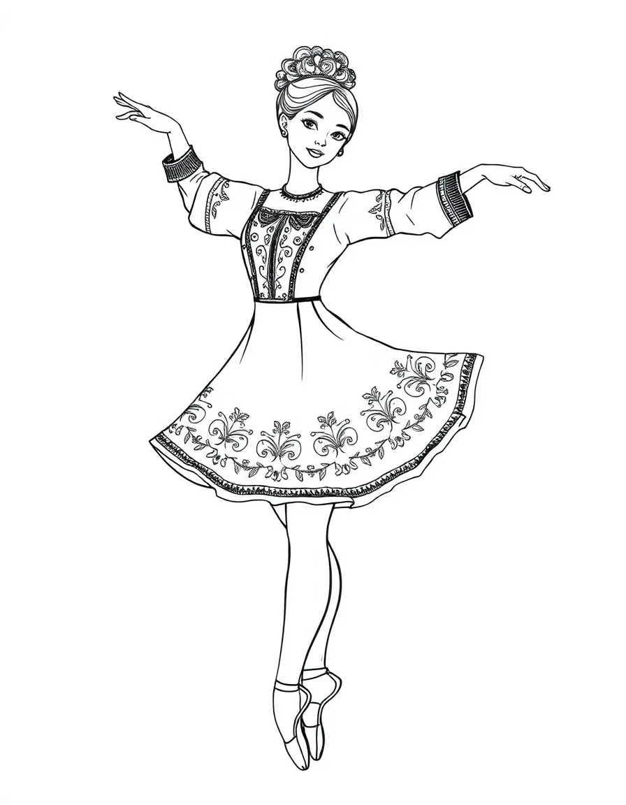 A ballet dancer in a folk-inspired costume with intricate embroidery patterns
