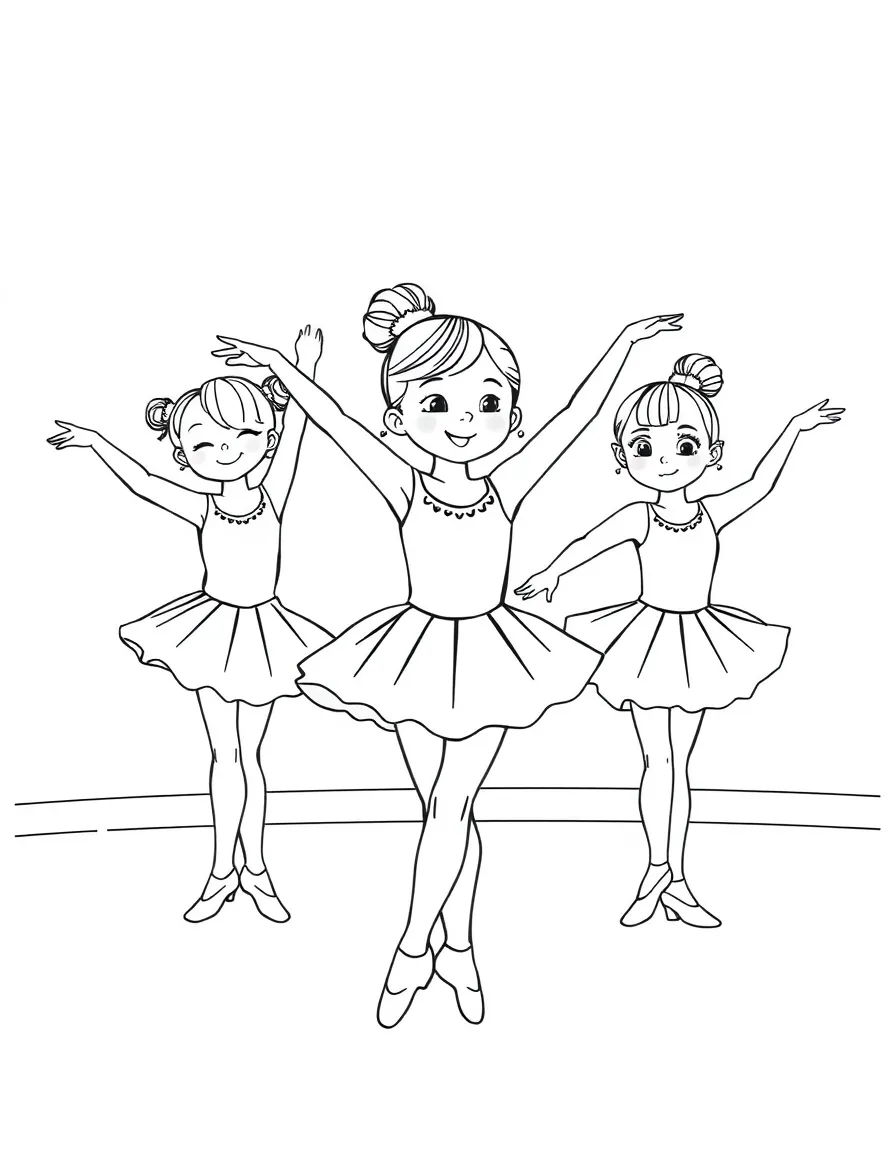 A children's ballet class in various positions with individual characteristics