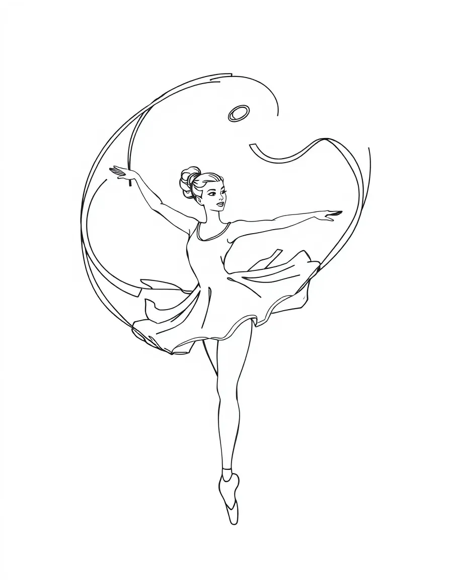 A ballet dancer with a ribbon wand creating spiraling patterns in the air