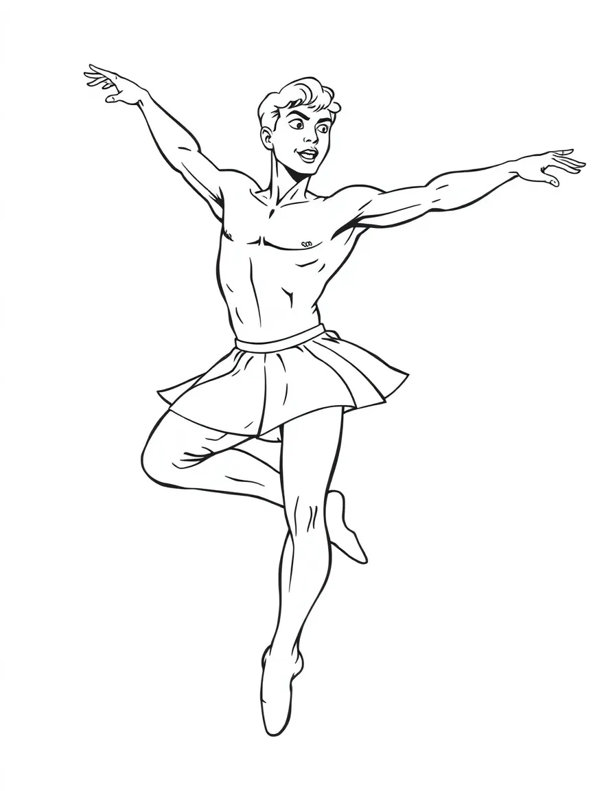 A male ballet dancer in mid-jump with dramatic facial expression