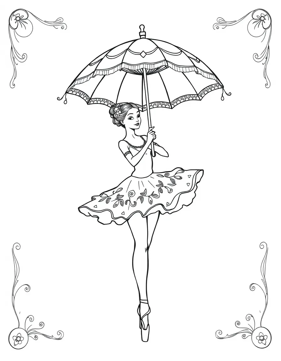A ballet dancer performing with a prop umbrella with decorative elements